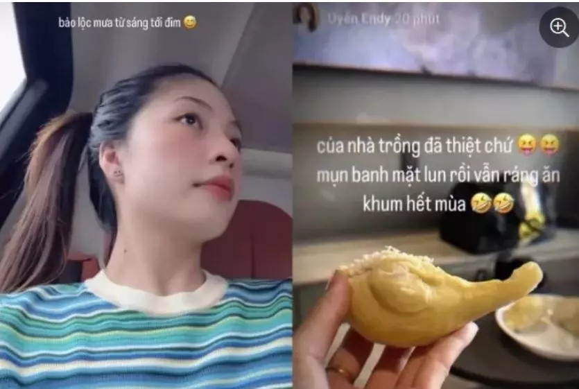 Cùng thời điểm này, Uyên Endy - bạn gái tin đồn của Ngô Kiến Huy khoe ảnh ở quê nhà cùng dĩa sầu riêng. Ảnh: FBNV