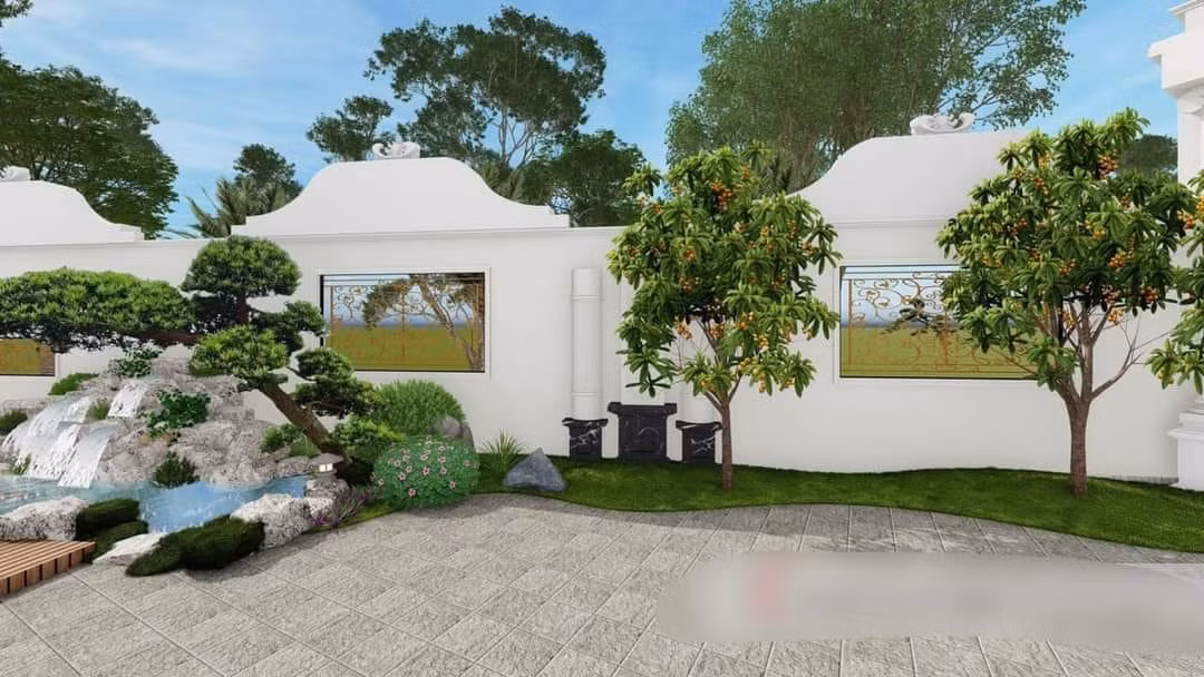 Phía trước tòa lâu đài là không gian sân vườn với tiểu cảnh, cây xanh, hồ cá.