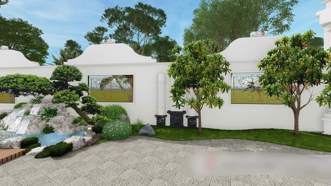 Phía trước tòa lâu đài là không gian sân vườn với tiểu cảnh, cây xanh, hồ cá.