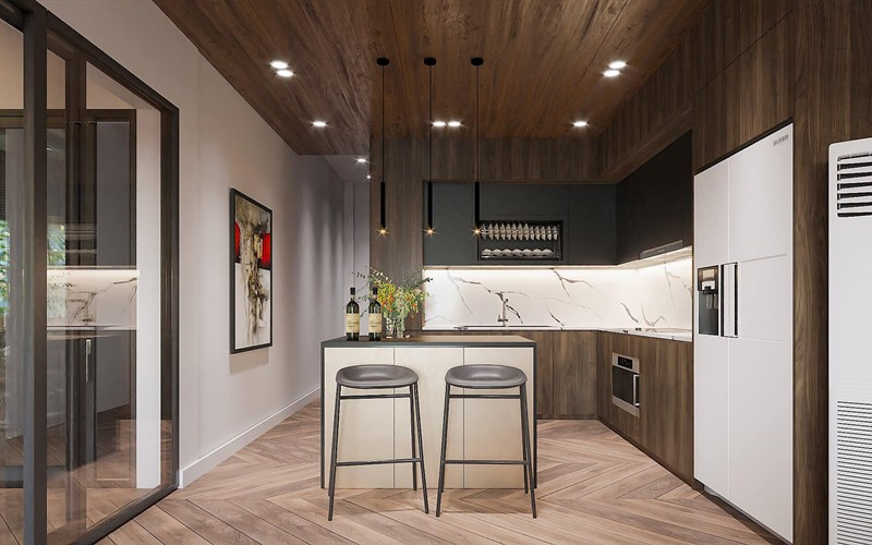 Khu bếp hiện đại, sử dụng gam màu tối.