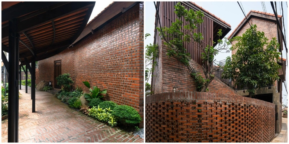 Sân lát theo các mẫu khác nhau, lấy cảm hứng từ đường làng xưa.