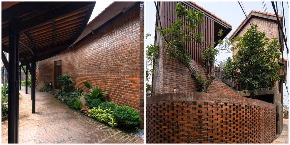 Sân lát theo các mẫu khác nhau, lấy cảm hứng từ đường làng xưa.