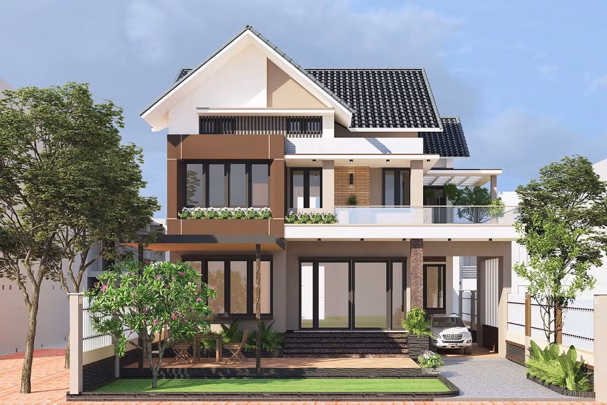 Mẫu nhà cấp 4 mái thái gác lửng gây ấn tượng bởi sự hài hòa giữa truyền thống và tiện hại. Nhà có thiết kế gara để xe. Ảnh: Menoithat