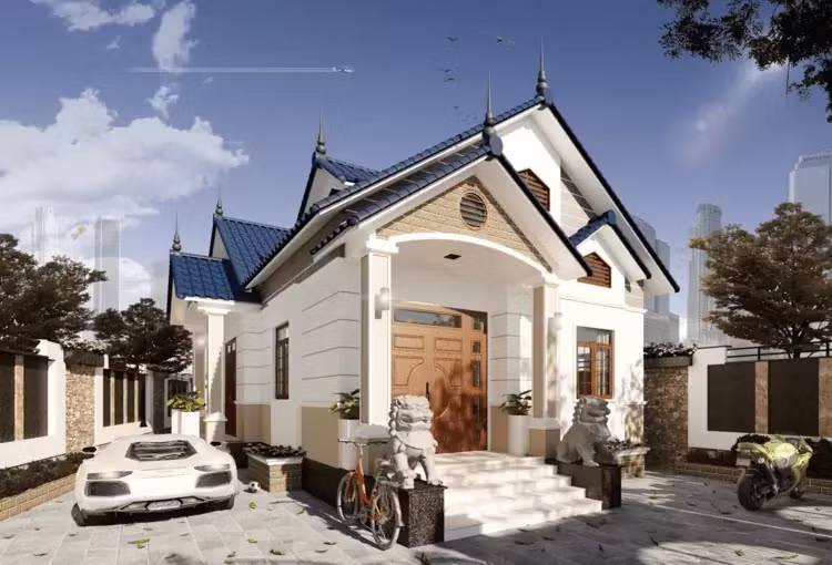 Nhà cấp 4 mái thái bố trí tượng đá giữ cửa và thiết kế khoảng sân rộng để đậu xe. Ảnh: Internet
