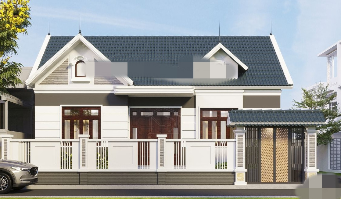 Hai bên cột trụ cánh cổng của ngôi nhà thiết kế mới lạ. Phần thân cột điểm nhấn những đường kẻ ngang thanh mảnh, dứt khoát, trong khi đó chân cột được ốp đá marble màu vàng có đường vân mềm mại. Ảnh: Kakoi