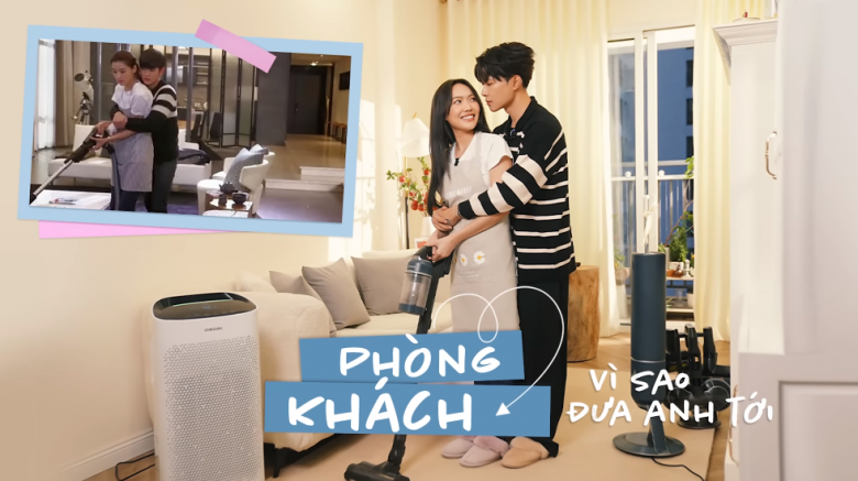 Phòng khách trong nhà Diệu Nhi - Anh Tú dựa trên phim Vì Sao Đưa Anh Tới với ghế sofa đơn giản, sử dụng gam màu trung tính. Ảnh chụp màn hình