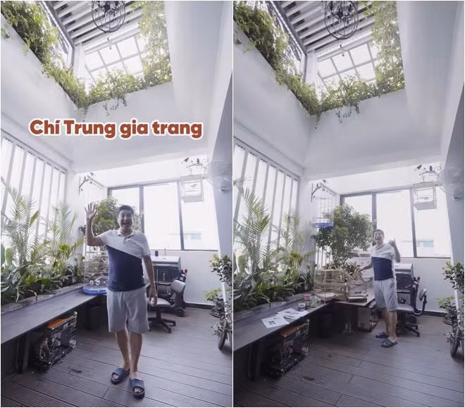 Trước đó, nghệ sĩ Chí Trung từng lần đầu khoe gia trang xanh mát thoáng đẹp, đủ chim gà cá chó của mình. Ảnh chụp màn hình
