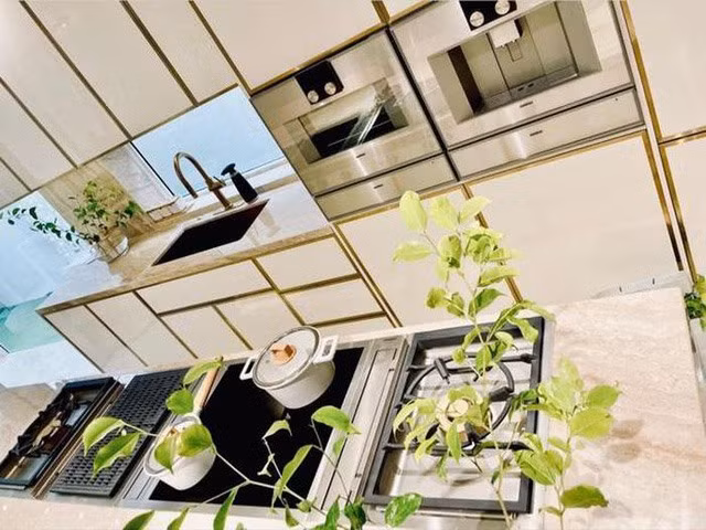 Phòng bếp sang trọng được tô điểm bởi một vài cây cảnh. Nguồn ảnh: FBNV