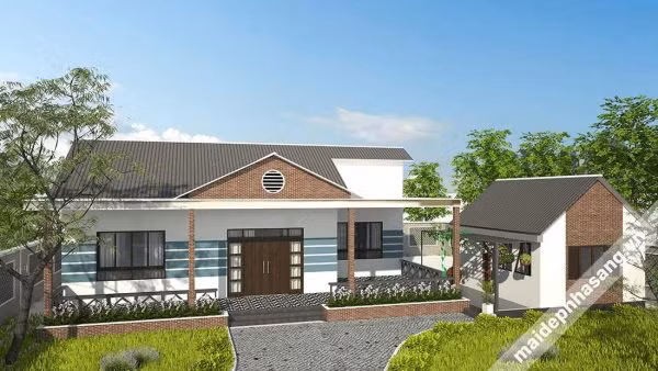 Nhà mái tôn được xây dựng dựa trên kiến trúc 3 gian đặc trưng của miền Bắc, mang lại sự gần gũi nhưng vẫn mang hơi hướng hiện đại. Ảnh: Bluescopezacs