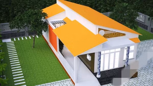 Mái nhà nổi bật với màu cam nổi bật. Ngoài các phòng chức năng, nhà còn có sảnh phụ làm không gian sinh hoạt ngoài trời. Ảnh: Bluescopezacs