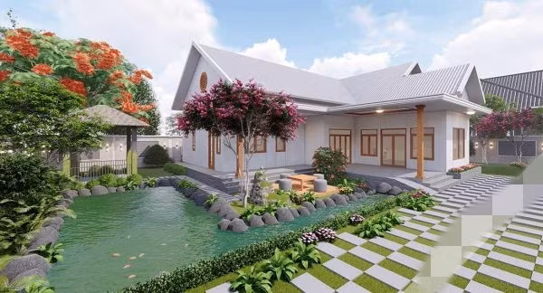 Mẫu nhà lợp mái tôn với thiết kế không gian sân vườn giúp tăng tối đa diện tích giải trí. Ảnh: Bluescopezacs