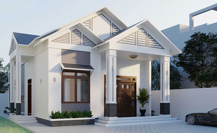 Mẫu nhà mái tôn giả ngói có hệ thống mái với độ dốc nhẹ, mở đều ra các hướng khác nhau, vừa giúp thoát nước mưa hiệu quả, vừa chống nóng, chống ẩm. Ảnh: Neohouse