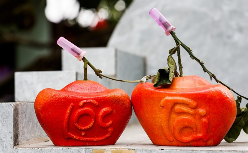 Bưởi đỏ Đông Cao (còn được gọi là bưởi đỏ "tiến vua") với tạo hình chữ tài - lộc là đặc sản đắt khách trong dịp Tết Nguyên đán Giáp Thìn 2024. Ảnh: Người đưa tin