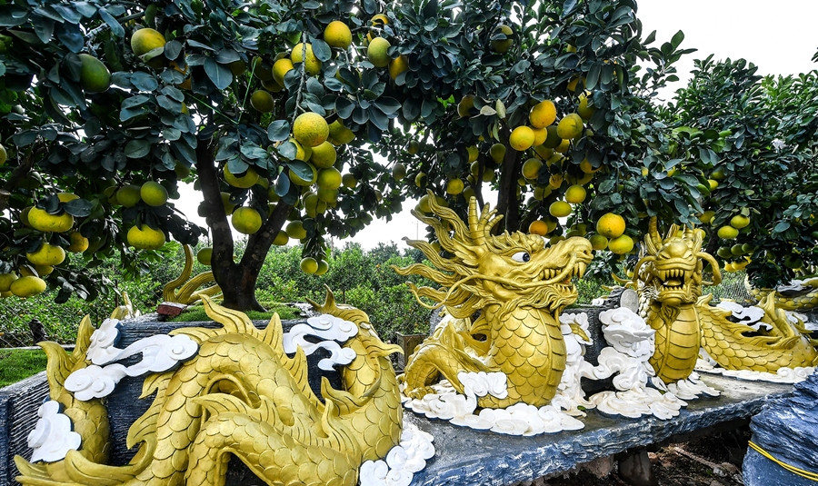 Tác phẩm "Song long chầu nguyệt" dài 5,6m, được rao bán hơn 200 triệu đồng. Ảnh: Nhadan