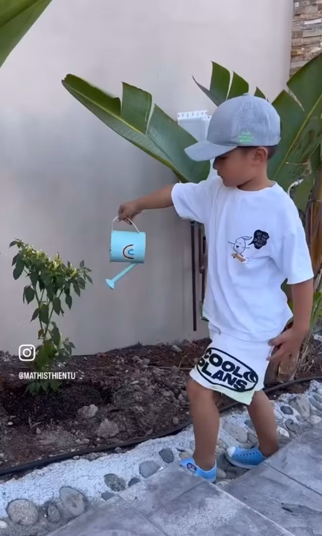 Cậu nhóc Thiên Từ giúp mẹ trồng và tưới nước cho cây.