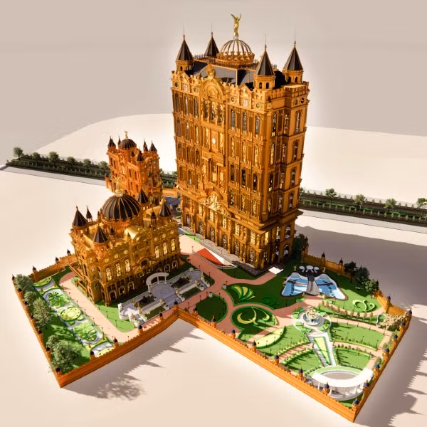 Được biết, toà lâu đài nằm trong một cụm công trình kiến trúc gồm 3 toà nhà, xây tường thành bao quanh. Đây là công trình La Château - khách sạn 5 sao phong cách kiến trúc cổ điển, có tổng diện tích hơn 20.000m2, diện tích mỗi sàn khoảng 700m2. Ảnh: Lethanh