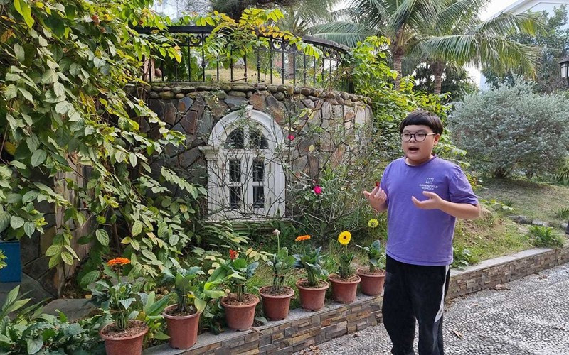 Khuôn viên nhà vườn, vợ chồng Xuân Bắc trồng rất nhiều cây ăn trái và hoa. Ảnh: FBNV