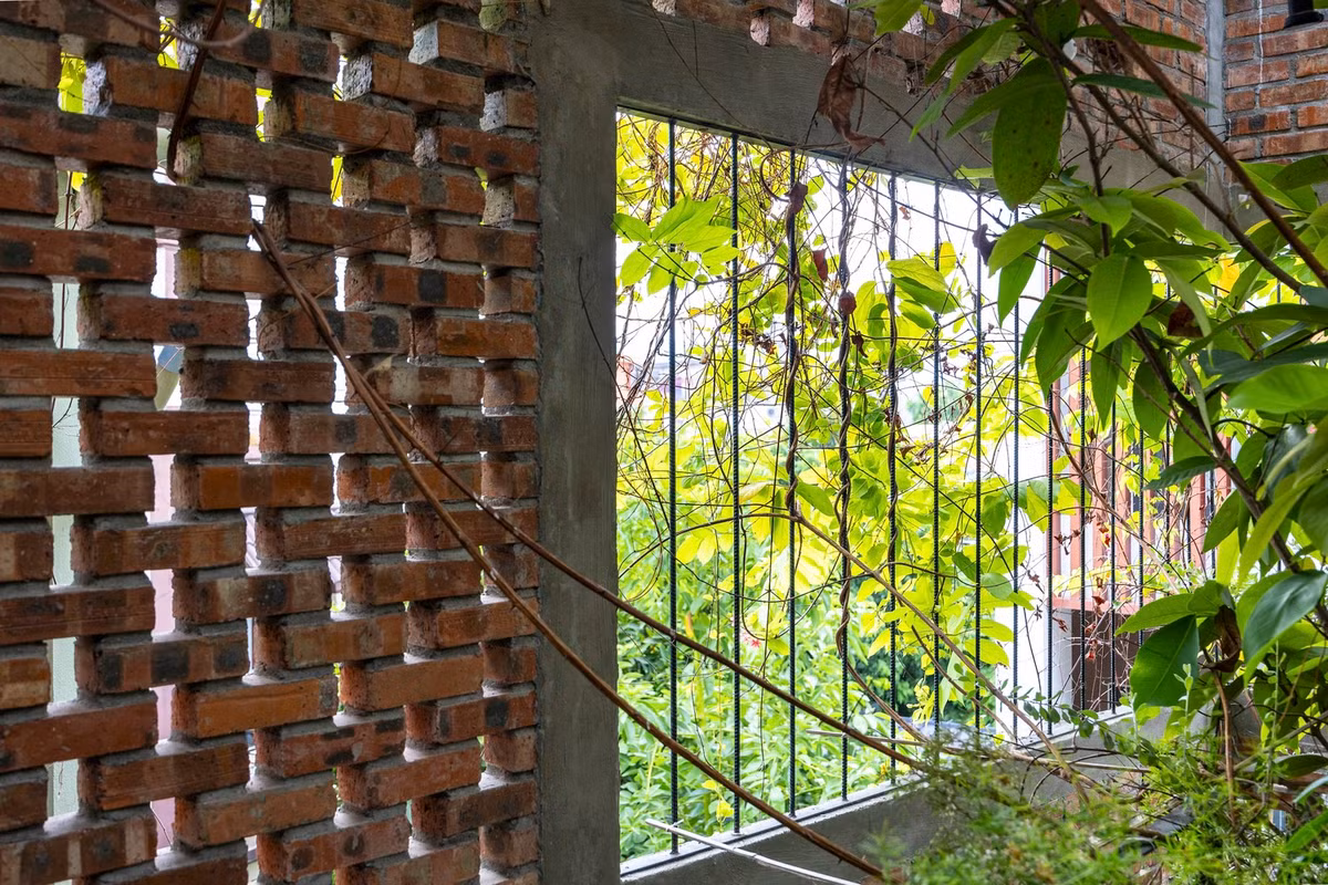 Việc sử dụng gạch nung cho phép những làn gió mát từ ngõ tràn vào nhà đồng thời tạo sự riêng tư.