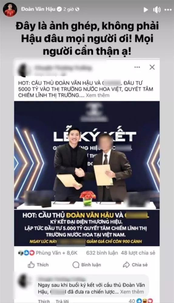 Mới đây, cộng đồng mạng xôn xao trước một diễn đàn đăng tải bài viết kèm ảnh ghép cho rằng Đoàn Văn Hậu đang hợp tác với một thương hiệu nước hoa nổi tiếng với số vốn đầu tư lên đến 5.000 tỷ đồng. Tuy nhiên, nam cầu thủ khẳng định anh không hề có bất kỳ mối liên hệ nào với thương hiệu nước hoa như thông tin đã lan truyền. Ảnh chụp màn hình