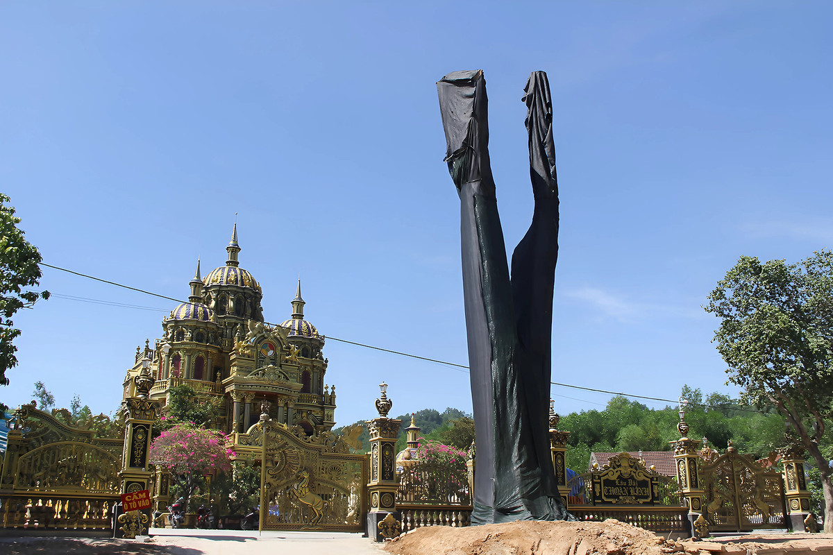 Bên cạnh đó, anh Thoan còn đầu tư mạnh vào việc trang trí khuôn viên lâu đài của mình. Anh vừa chi 500 triệu đồng để mua một cây săng lẻ 200 tuổi, cao 17m và nặng 31 tấn từ Lào về trồng trước cửa lâu đài. Ảnh: Vietnamnet