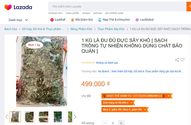 Thậm chí trên Lazada, lá đu đủ sấy khô có giá lên tới 499.000 đồng/kg. Ảnh chụp màn hình