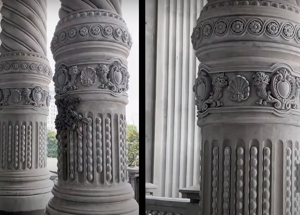 Hệ thống cột xoắn bên ngoài đại sảnh là điểm nhấn đặc biệt. Ảnh: Dân Việt