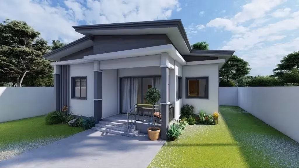 Kiểu nhà cấp 4 mái lệch mang phong cách hiện đại, có sân vườn nhỏ bao quanh. Ảnh: Spacet