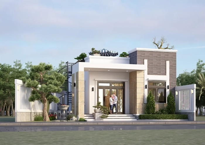 Mẫu nhà cấp 4 với kiến trúc mái bằng giúp gia chủ tạo cột trụ chờ để sau này xây thêm tầng mà không cần phải phá dỡ nhà cũ. Ảnh: Noithattugia