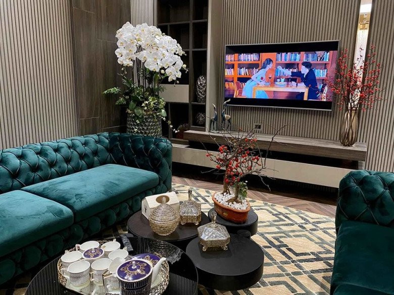 Phòng khách sang chảnh được trang trí bắt mắt với bộ sofa hợp phong thủy với cô.