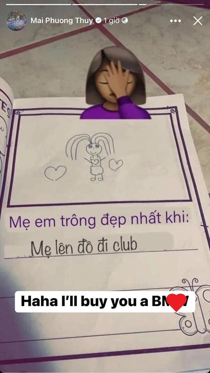 Hồi đầu năm 2024, Hoa hậu Việt Nam 2006 chia sẻ hình ảnh có nội dung "Mẹ em trông đẹp nhất khi mẹ em đi club" và hào hứng nói "Haha, I will buy you B.W (tạm dịch là Haha, mẹ sẽ mua cho con B.W (PV- tên một hãng xe ô tô đắt đỏ)".