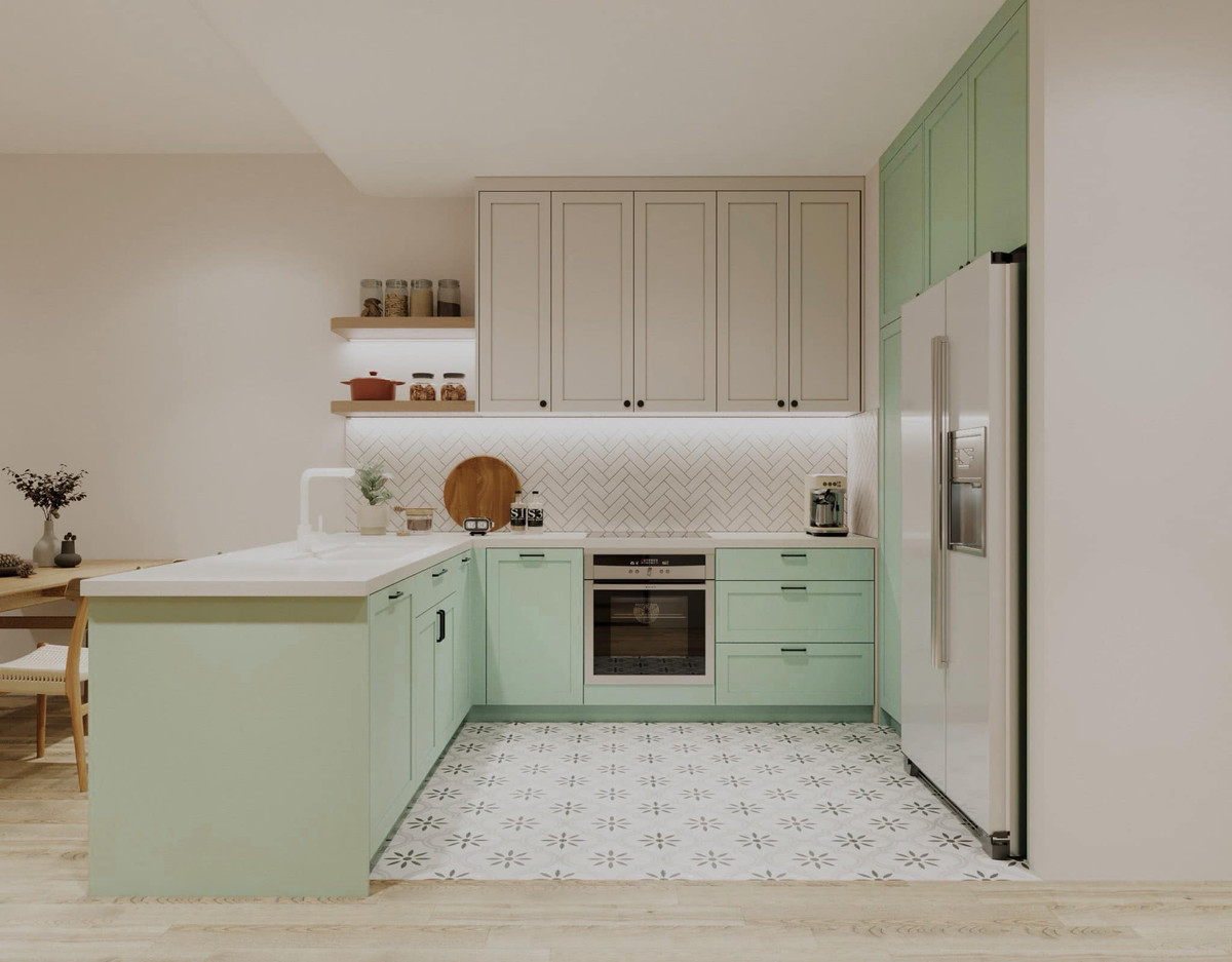 Khu bếp được Đan Lê đầu tư nhiều tâm huyết nhất với đầy đủ tiện nghi, gam màu xanh nhạt kết hợp với trắng tạo nên sự tươi mới và sạch sẽ. Ảnh: FB Nguyen Dan Le