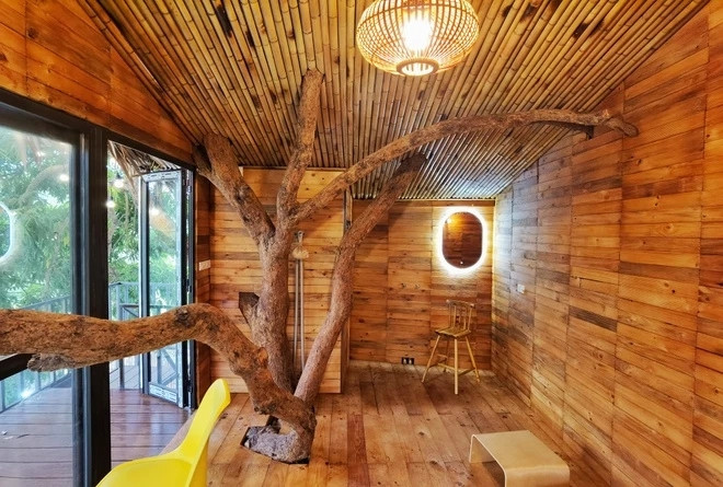 Tường phía trong được ốp gỗ thông và nứa tạo sự ấm cúng. Ảnh: Znews