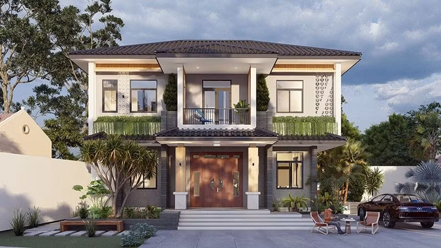 Nhà mái Nhật 2 tầng có không gian sân vườn rộng rãi và thoáng mát. Ảnh: Decoxdesign