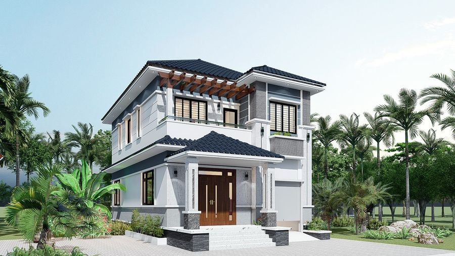 Mẫu nhà mái Nhật 2 tầng 3 phòng ngủ tinh tế, sang trọng, đáp ứng đủ công năng cho gia đình đông người. Ảnh: Decoxdesign