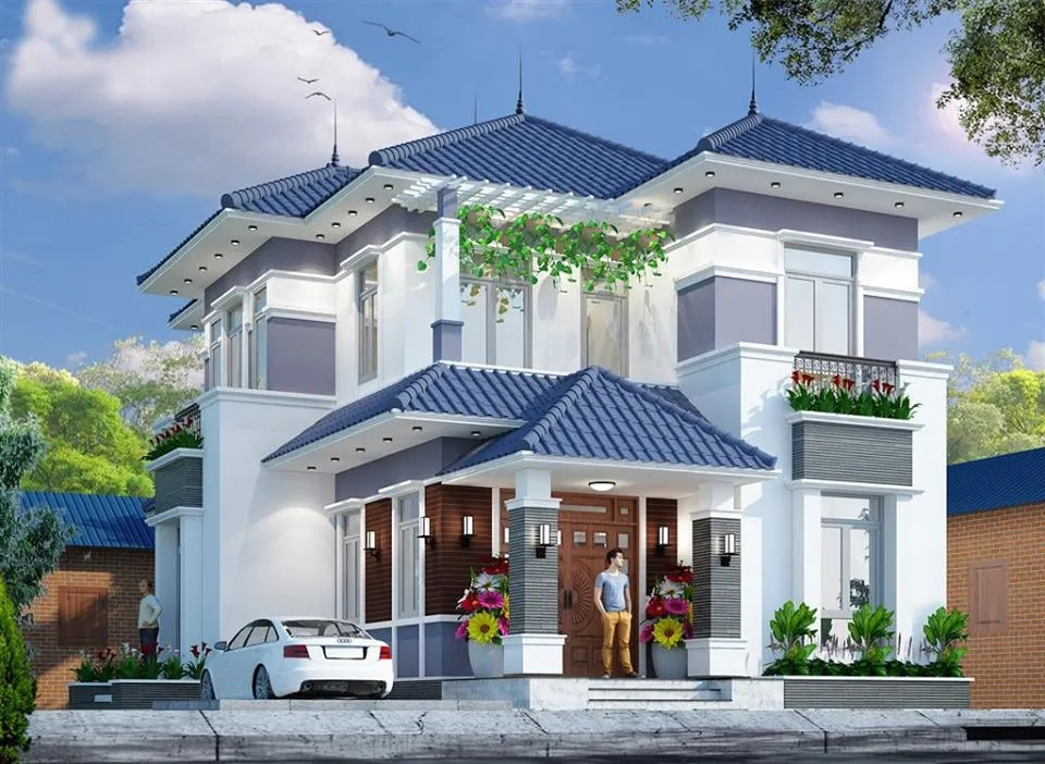 Với thiết kế đơn giản, nhà mái Nhật 2 tầng kiểu biệt thự mang đến vẻ đẹp hiện đại, sang trọng, phù hợp với những gia đình có diện tích đất rộng. Ảnh: Spacet