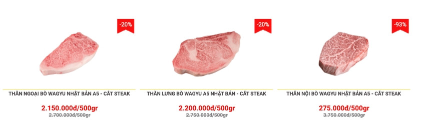 Tại Việt Nam, thịt bò Wagyu của Nhật Bản đang được bán với mức giá cạnh tranh hơn so với thời điểm trước. Nhiều cửa hàng giảm từ 20% tới hơn 90% cho sản phẩm này. Ảnh: Sieuthithitbo.net