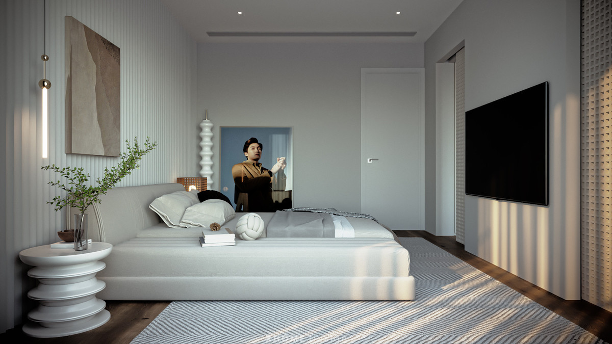 Phòng ngủ của Đình Tú cũng theo phong cách tối giản và tiện nghi. Ảnh; FBNV