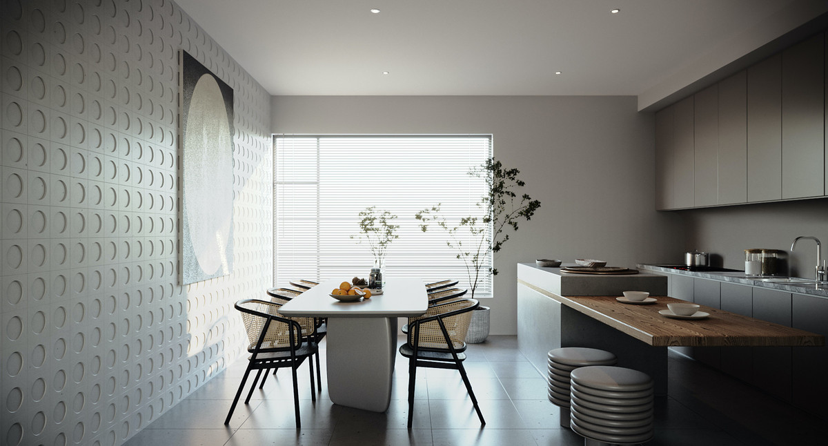 Nhà bếp hiện đại kết hợp bàn ăn phong cách thanh lịch. Ảnh: FBNV