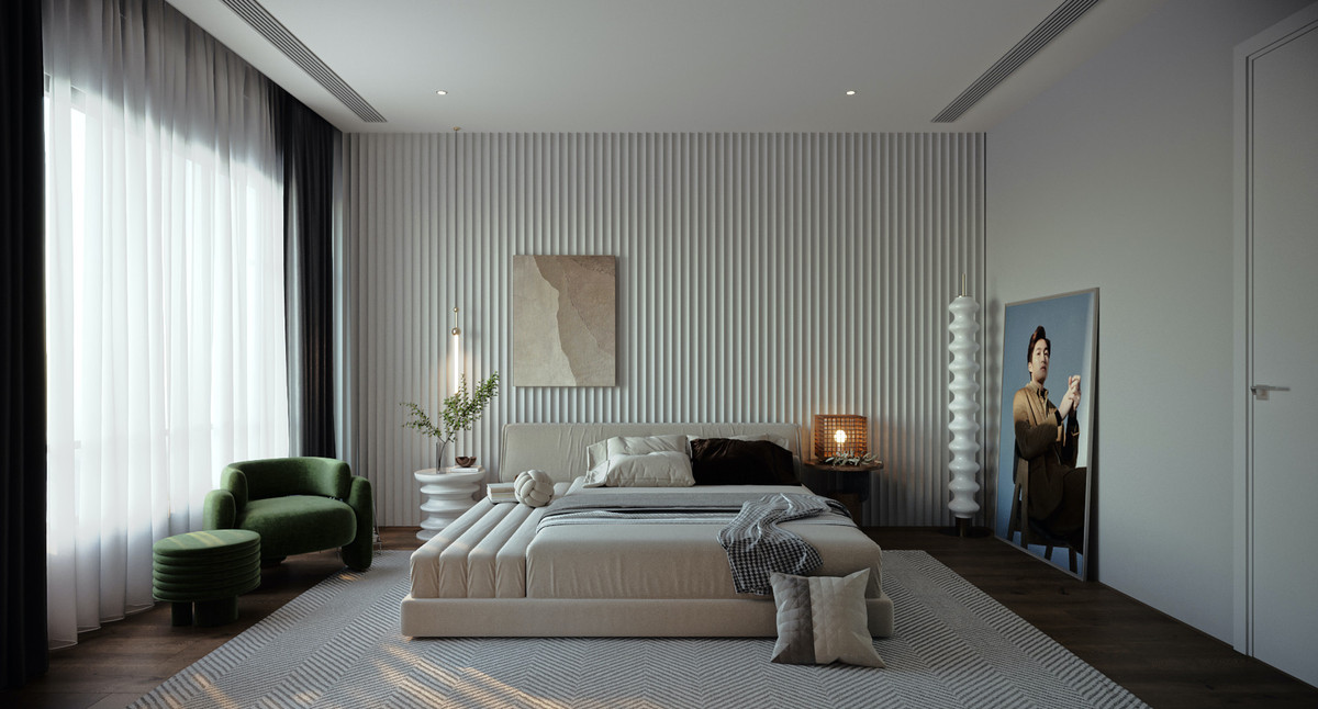 Điểm nhấn trong phòng ngủ là bức ảnh treo tường khổ lớn và tivi đặt đối diện giường. Ảnh: FBNV