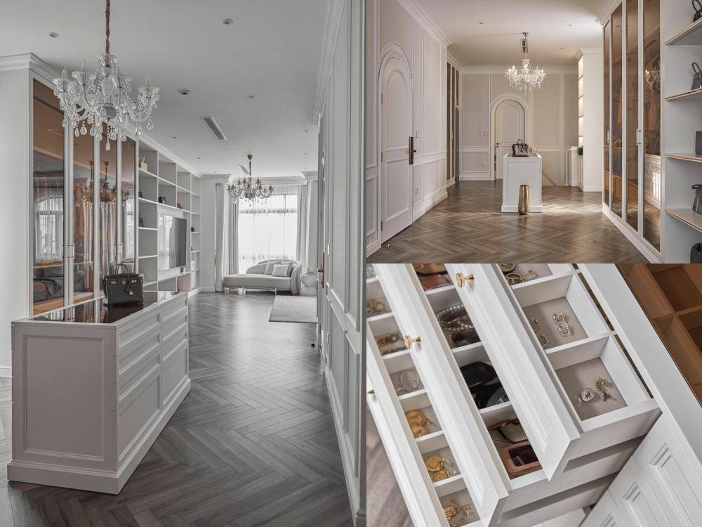 Phòng ngủ chính kết hợp khu vực trưng bày đồ hiệu, phụ kiện thời trang.