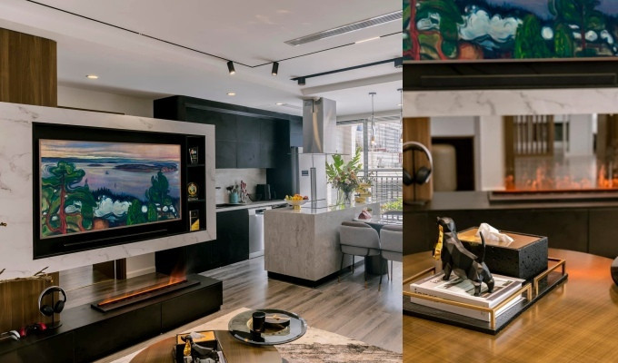 Phòng khách nổi bật với lò sưởi 4D từ hơi nước và đèn LED, tạo ra cảm giác ấm cúng. Ảnh: Vietnamnet