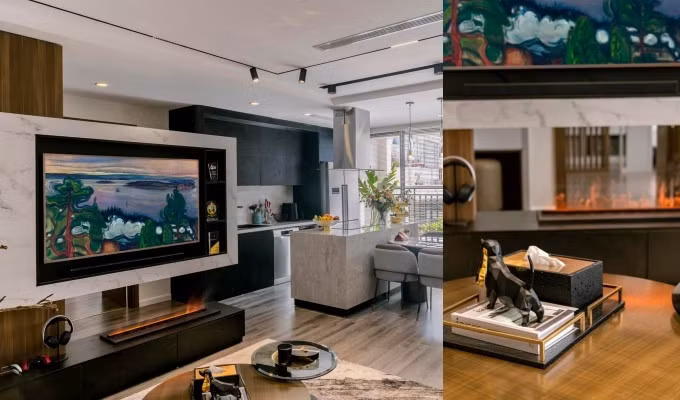 Phòng khách nổi bật với lò sưởi 4D từ hơi nước và đèn LED, tạo ra cảm giác ấm cúng. Ảnh: Vietnamnet