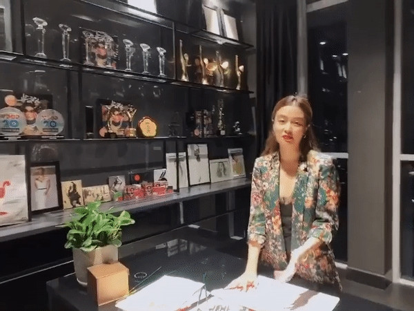 Nữ ca sĩ dành một căn phòng để vẽ tranh, trưng bày các giải thưởng. Ảnh: FB Hoàng Thùy Linh