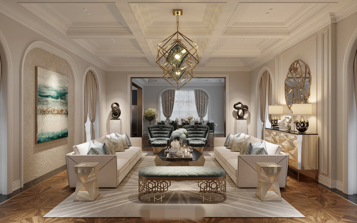 Phòng khách sử dụng sắc ghi be sáng làm chủ đạo, màu điểm nhấn được chọn là màu xanh “thiên thanh”, “ thanh” trong chữ “ Thanh Huyền” tượng trưng cho hoà bình và sự thanh cao.