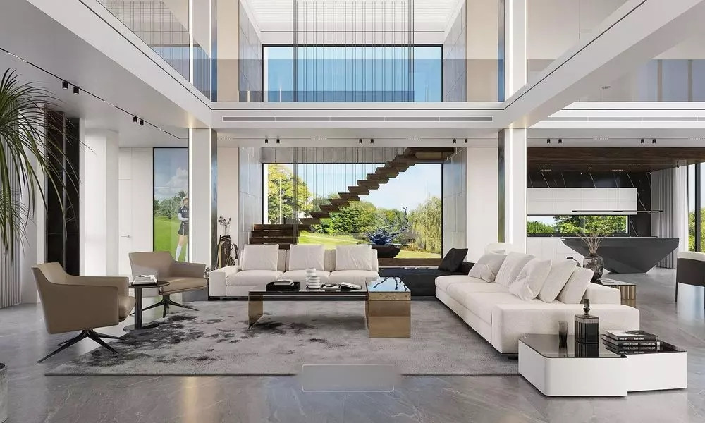 Không gian phòng khách thoáng đãng nhìn ra khu vực sân cỏ xanh mướt.