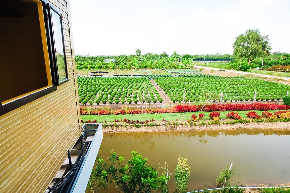 Ngôi nhà úp ngược lọt thỏm giữa bốn bề hoa kiểng. Nguồn ảnh: Facebook