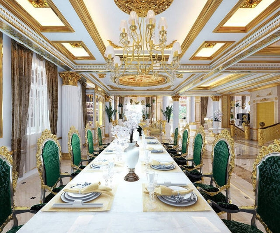 Bàn ăn lớn cho cả gia đình theo phong cách hoàng gia sang trọng. Ảnh: Happynest
