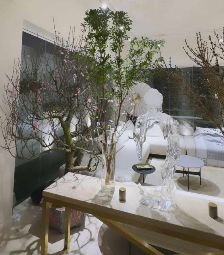 Phòng khách như một rừng hoa với đào, mận... đầy sức sống.