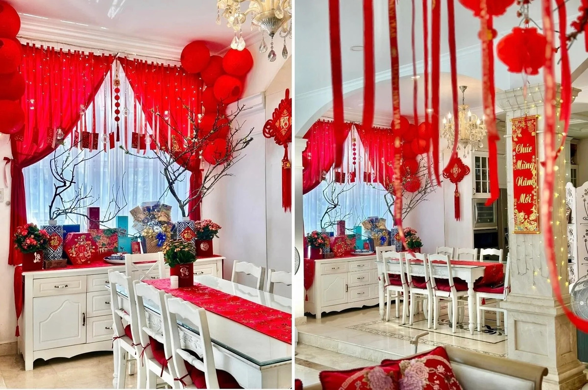 Dù không đón Tết ở TP HCM nhưng cựu siêu mẫu Thúy Hạnh vẫn trang hoàng căn biệt thự lộng lẫy với sắc đỏ chủ đạo.