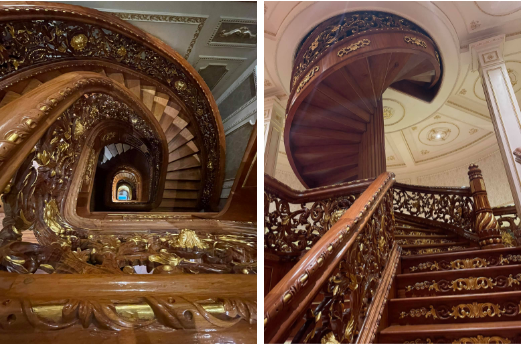 Mỗi bậc cầu thang gỗ dạng xoắn cũng được dát vàng cầu kì. Ảnh: Facebook